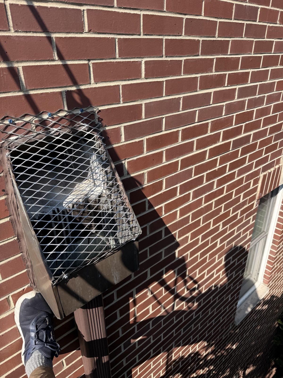 Expanded stainless steel mesh screen fastened over a downspout conductor head, Old Town, Chicago